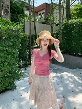 女性用クロスVネック短袖トップス【ラズベリーピンク・シンプルデザイン】（セットアップ対応）