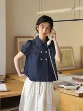洗い加工デニムダブルボタンダウンショートスリーブシャツ【フロントプリーツ・ネイビートーン】