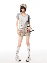 半袖Tシャツ レディース サブカル 星柄 猫プリント Vネック ハート パッチワーク 短丈 若見え 夏