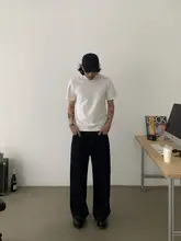ヴィンテージ風 パリスタイルボタン付きストレートデニムパンツ【ユニセックス・ややゆったり・ロングパンツ】
