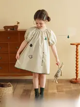 泡泡袖付きワンピース【子供用・刺繍デザイン・夏用・レトロスタイル】