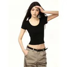 AAISUP シンプルな白のUネックショートスリーブTシャツ【女性用・夏用・薄手・フィット感・クロップド丈】