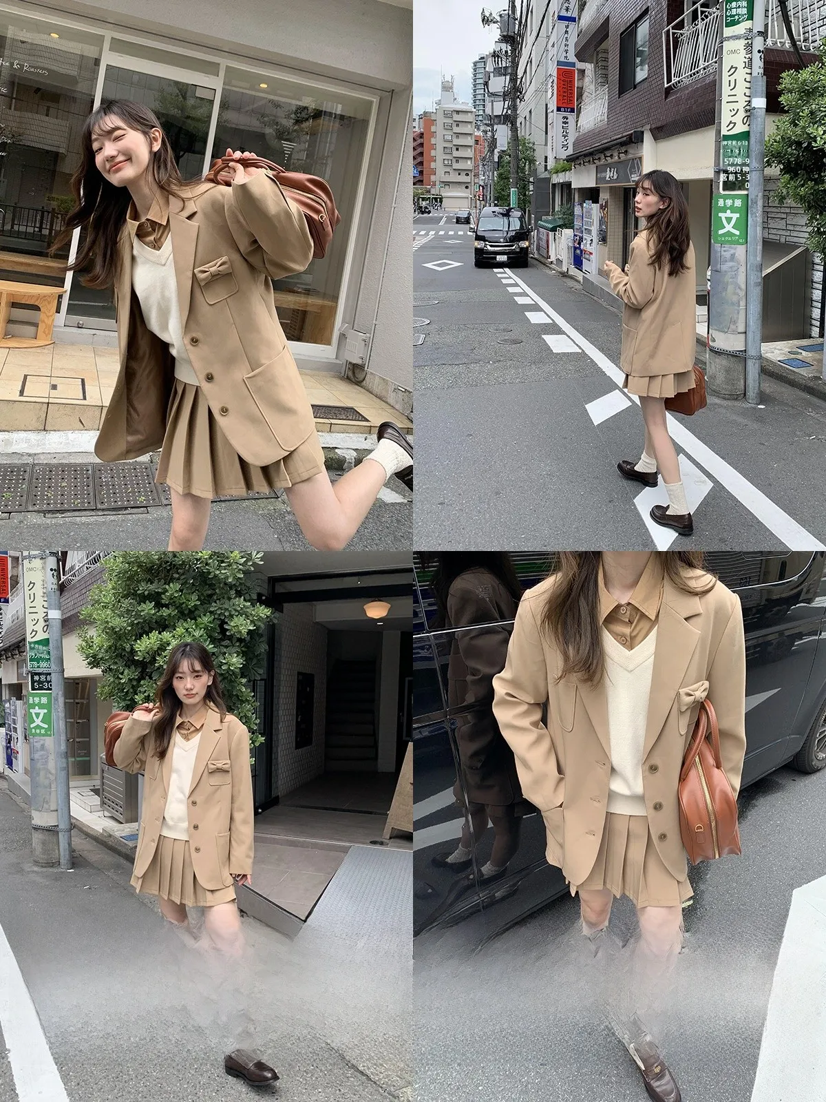 クラシカルスタイルのコーディネート：フローラルグレーのジャケットとAラインスカートセット