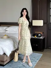 Vネックレース付きウエスト絞りドレス【フラワープリント・夏用・ロング丈】