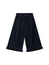 デザイン性のあるリベット付きフリルデニムパンツ【レディース・夏用・高腰・ストレート・ワイドレッグ】（セットアップ対応）