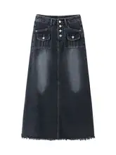 レトロデザインのデニムハイウエストスカート【Aライン・ロング丈・ゆったりサイズ】