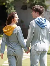 フード付きカジュアル男女兼用春秋パジャマ【シンプルデザイン・ホームウェア】（セットアップ対応）