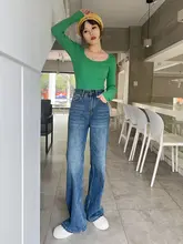 レトロデザインのハイウエストデニムパンツ【環境に優しいウォッシュ・ワイドレッグ・フレア】