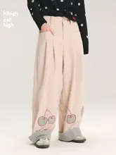 フルーツデザインのチェック柄パッチワークコーデュロイパンツ【ストレート・フィット】