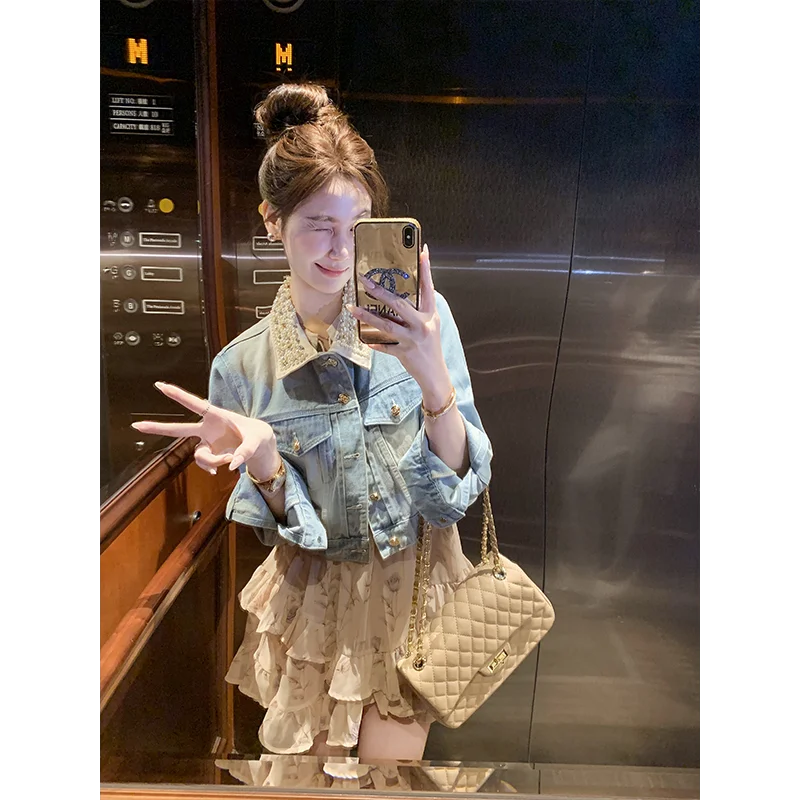 フリル付きの花柄シフォンワンピース【流れるフリンジ・リボン付き】