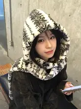冬用 防寒機能付きニットフード 帽子スカーフ一体型【耳あて付き・羊毛風】