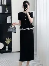 黒いワンピース 女性 夏 修身 スリム 気品 高級感 パッチワーク 重ね着 フレンチ ロングドレス