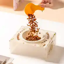 可愛い猫デザインの陶器製ペット用食器セット【高さ調整可能・アクリル製スタンド付き】