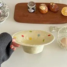 カラフルなドットデザインの深皿【陶器製・フルーツボウル・家庭用】