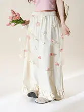 立体花飾りのレースワイドパンツ【春向け・アプリコット色・甘いフリル付き・スタイル】
