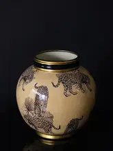 手描きの虎とバラデザインの陶器製貯蔵容器【インテリア装飾用・飾り花瓶】