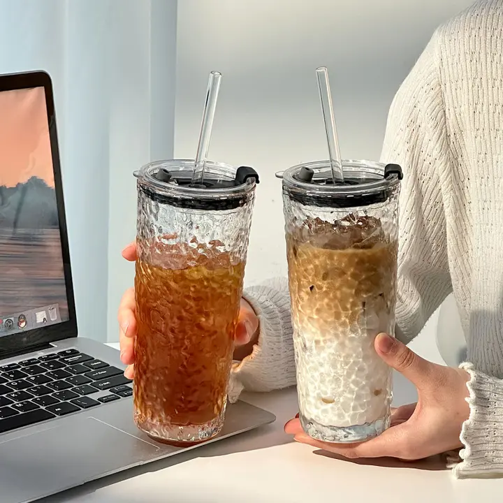大容量 蓋付きストローグラス【透明・コーヒー用・オフィス向け】