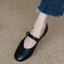 柔らかい羊革製 マリージェーンシューズ【編み込み・ラウンドトゥ・中ヒール・通勤用】