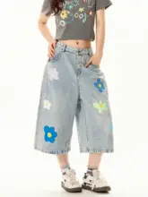 デニムクロップドパンツ レディース 花柄 アメリカン ヴィンテージ ルーズ カジュアル 着回し 夏