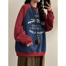 春季 美式レトロ学院風 プリントアップリケ入り コントラストカラーのラグランスリーブスウェットシャツ【レディース用】