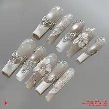 透過性のある彫刻レースデザイン フレンチネイル【高品質・手作り・着用タイプ】