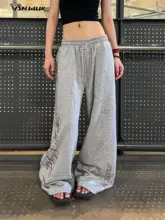 アメリカンレトロなロゴプリントのゆったりとした女性用ジャズダンスパンツ【グレー・フィット】