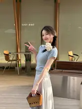 夏用コーディネートのブルー短袖トップスとワイドパンツ【甘さとクールなスタイル・セットアップ対応】