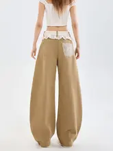 カーキ色のハイウエストデニムパンツ【広めのシルエット・レースデザイン・夏用】