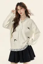 柔らかなVネックレース切替ニットトップス【リボン付き・女性用・甘いデザイン】