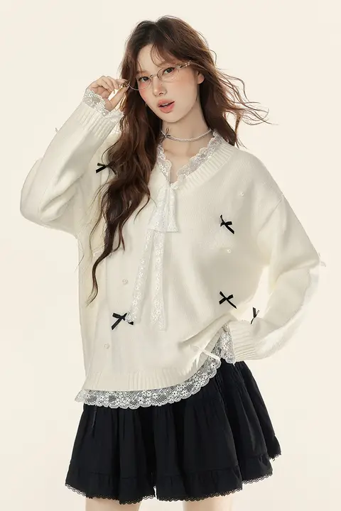 柔らかなVネックレース切替ニットトップス【リボン付き・女性用・甘いデザイン】