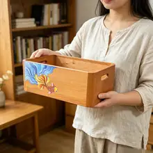 卓上収納バスケット 無垢材 持ち手付き 魚モチーフ 家庭用 小物整理 コスメ収納