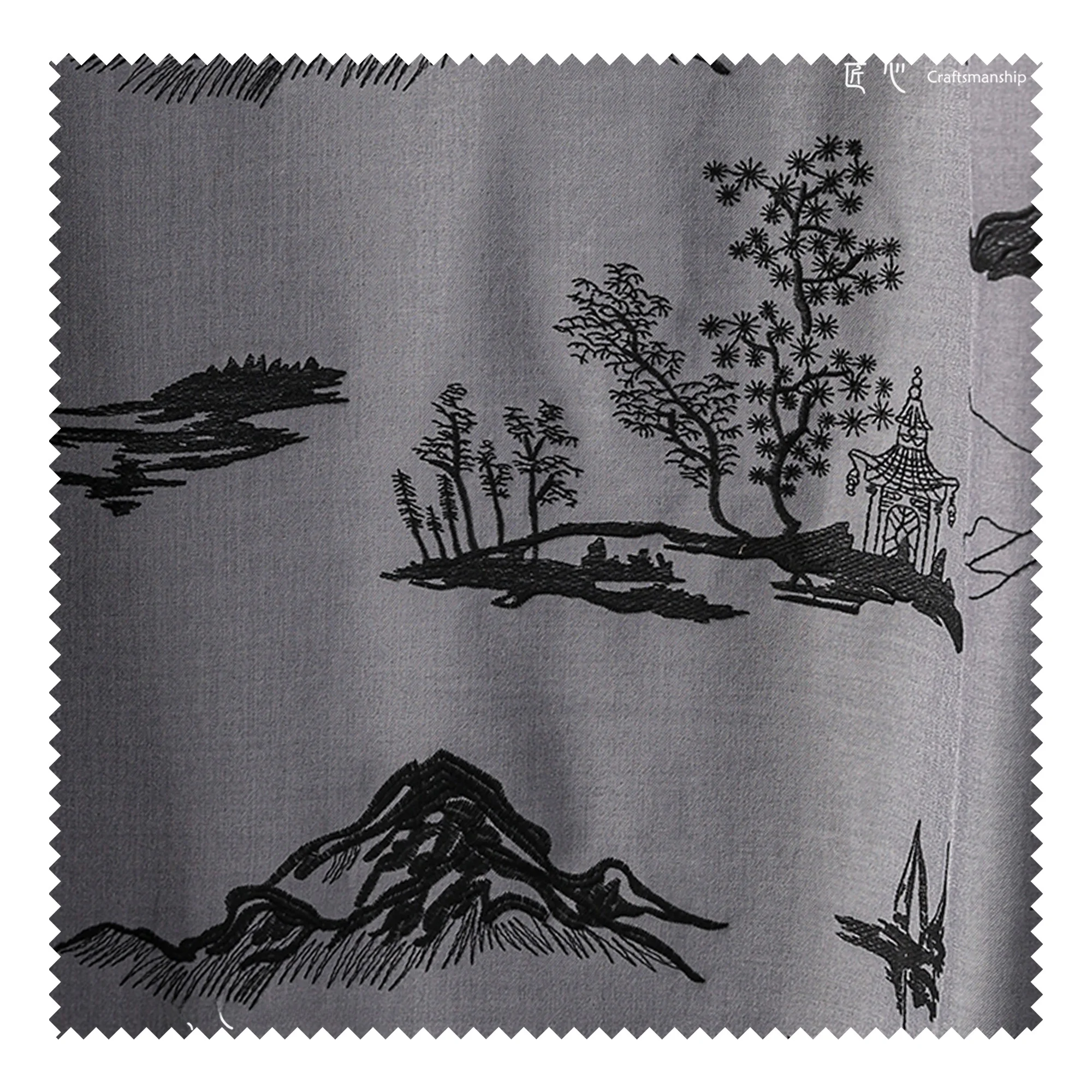 刺繍入りスーツの裏地：中国風デザインが特徴のグレー地に黒線の提花生地