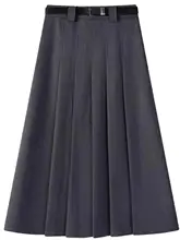 グレーウール調のハイウエストAラインスカート【秋冬・体型カバー・ミドル丈】