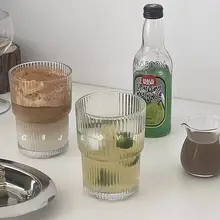 ストライプデザイン ガラス製コーヒーカップ【フタ付き・ストロー付き・家庭用・アイスカフェラテ・ミルク用】