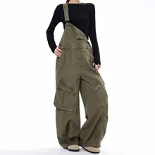 ヴィンテージ風ウォッシュ加工の多ポケットサロペットパンツ【ユニセックス・ストレート・ルーズフィット】（セットアップ対応）