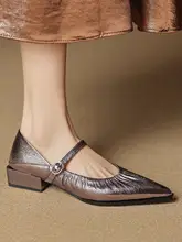 羊皮製 フレンチスタイル ポインテッドトゥ ミドルヒールシューズ【皺デザイン・一文字バックル・マリージェーン】