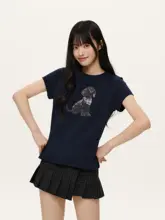 可愛い犬のアップリケ付きニットTシャツ【丸首・半袖・カジュアル・夏用】