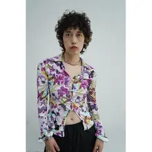 デザインカラフルフラワーロングスリーブシャツ【フィット感・立体袖口】