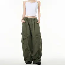 ユニセックス復古風デザインワークパンツ【ゆったりシルエット・ストレート・皺加工】