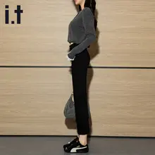 高腰ストレートデニムパンツ【女性用・黒・スリムフィット・九分丈】