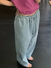 チェック柄リボン付きカジュアルパンツ【刺繍デザイン・ルーズフィット・ウエストゴム】