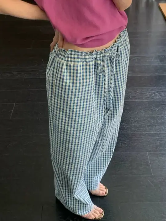 チェック柄リボン付きカジュアルパンツ【刺繍デザイン・ルーズフィット・ウエストゴム】