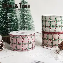 クリスマスツリーリボン ラタン風 チェック柄 ラメ糸混 パイピング ヴィンテージ ギフト 飾り 包装 クリスマス限定