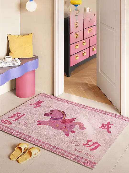 玄関マット ドアマット 午年 かわいいイラスト 厚手 滑り止め 耐磨耗 クリームトーン 玄関用