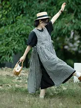 チェック柄の純綿ドレープマキシワンピース【大きなフレア・Aラインデザイン】（セットアップ対応）