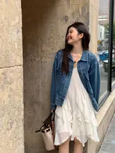小小拉 モダンデニムジャケット【ヴィンテージ風・ウォッシュブルー・ルーズフィット・女性用】