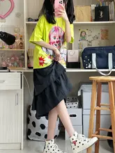 原宿風   おしゃれなルーズフィット Tシャツ【レトロデザイン・チュニックスタイル】