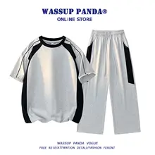 セットアップ 2点セット メンズ カラーブロック スポーツカジュアル 半袖Tシャツ ロングパンツ 夏 「WASSUP PANDA」