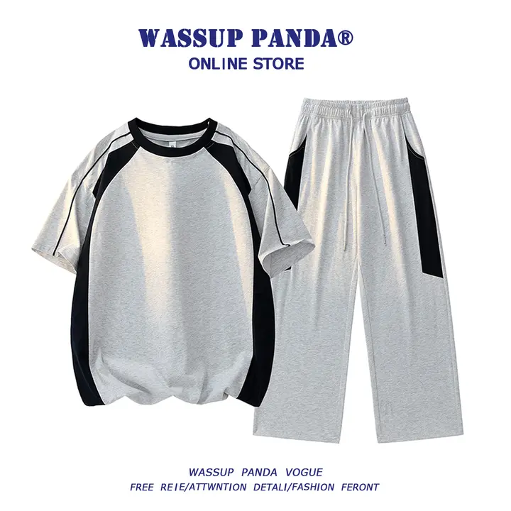 セットアップ 2点セット メンズ カラーブロック スポーツカジュアル 半袖Tシャツ ロングパンツ 夏 「WASSUP PANDA」