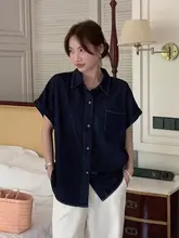 したデザインのPOLO襟デニム半袖シャツ【ウォッシュ加工・女性用・ポケット付き】